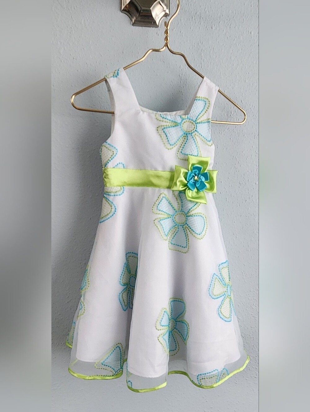 White Floral Embroidered Girls Dress with Lime Sash
